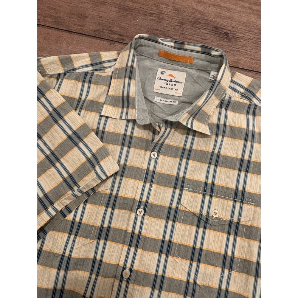 Tommy Bahama Jeans Mens Large Plaid Short Sleeve Button Down Shirt Modern Fit